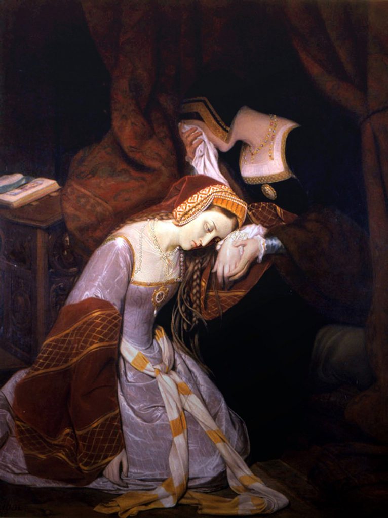 Painting title: Anne Boleyn in the Tower by Edouard Cibot (1799–1877) [Public Domain]