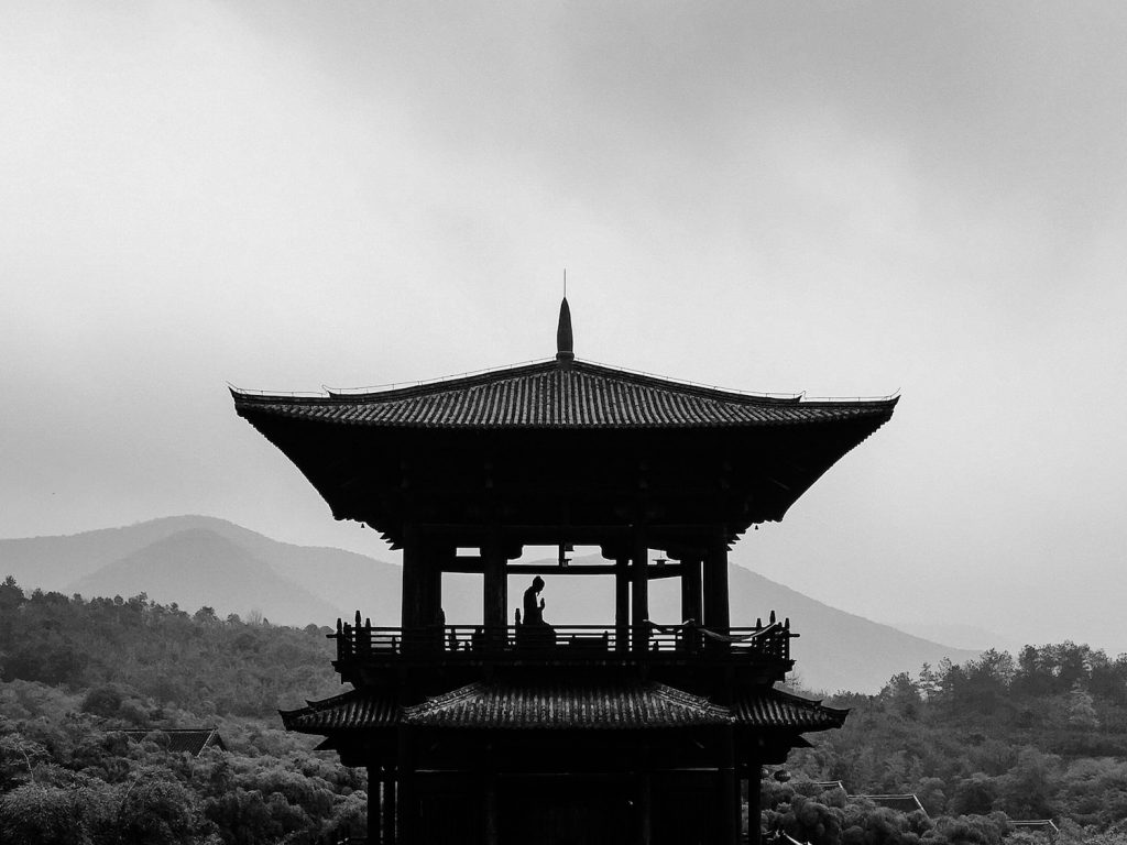 decorative image: grayscale photography of person on pagoda